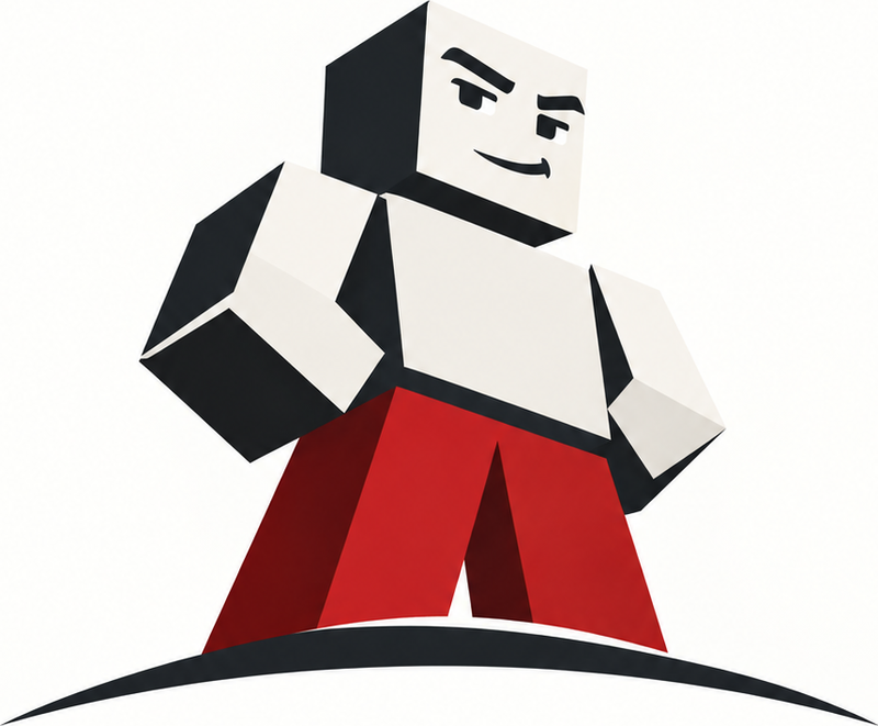 FarOver Games mascot: a blocky character in red trousers standing on the horizon